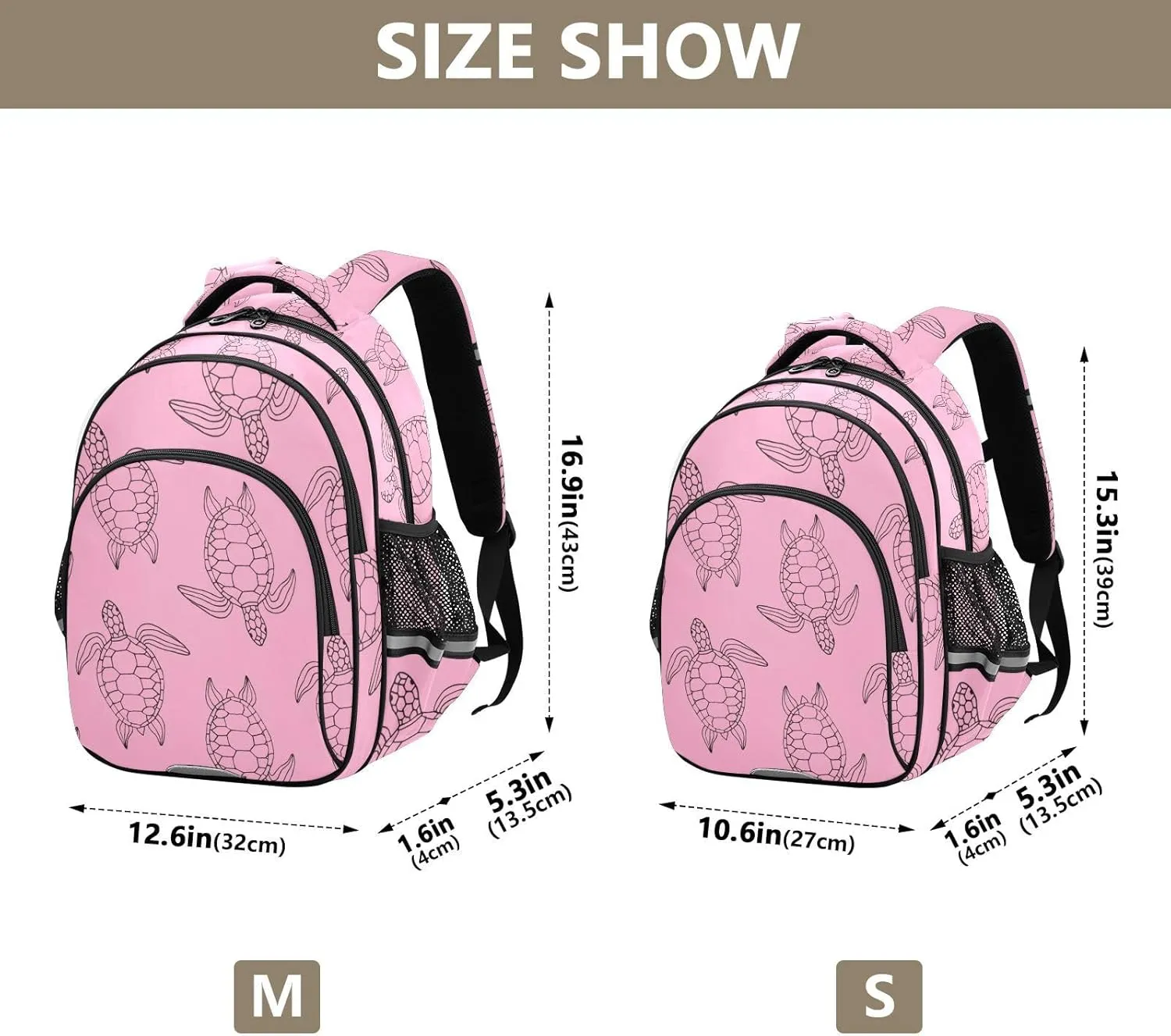Pink Turtles Backpack Bookbag School Bag with Pockets for Kids Girls Boys Toddler Toddlers Small Bookbags Schoolbag Travel Ages 3-14