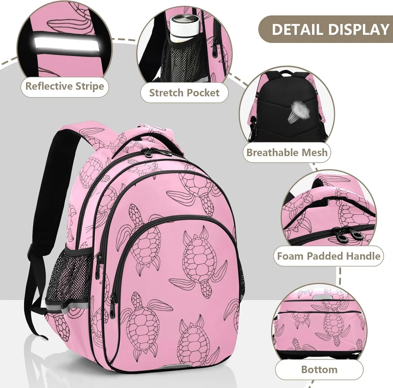 Pink Turtles Backpack Bookbag School Bag with Pockets for Kids Girls Boys Toddler Toddlers Small Bookbags Schoolbag Travel Ages 3-14