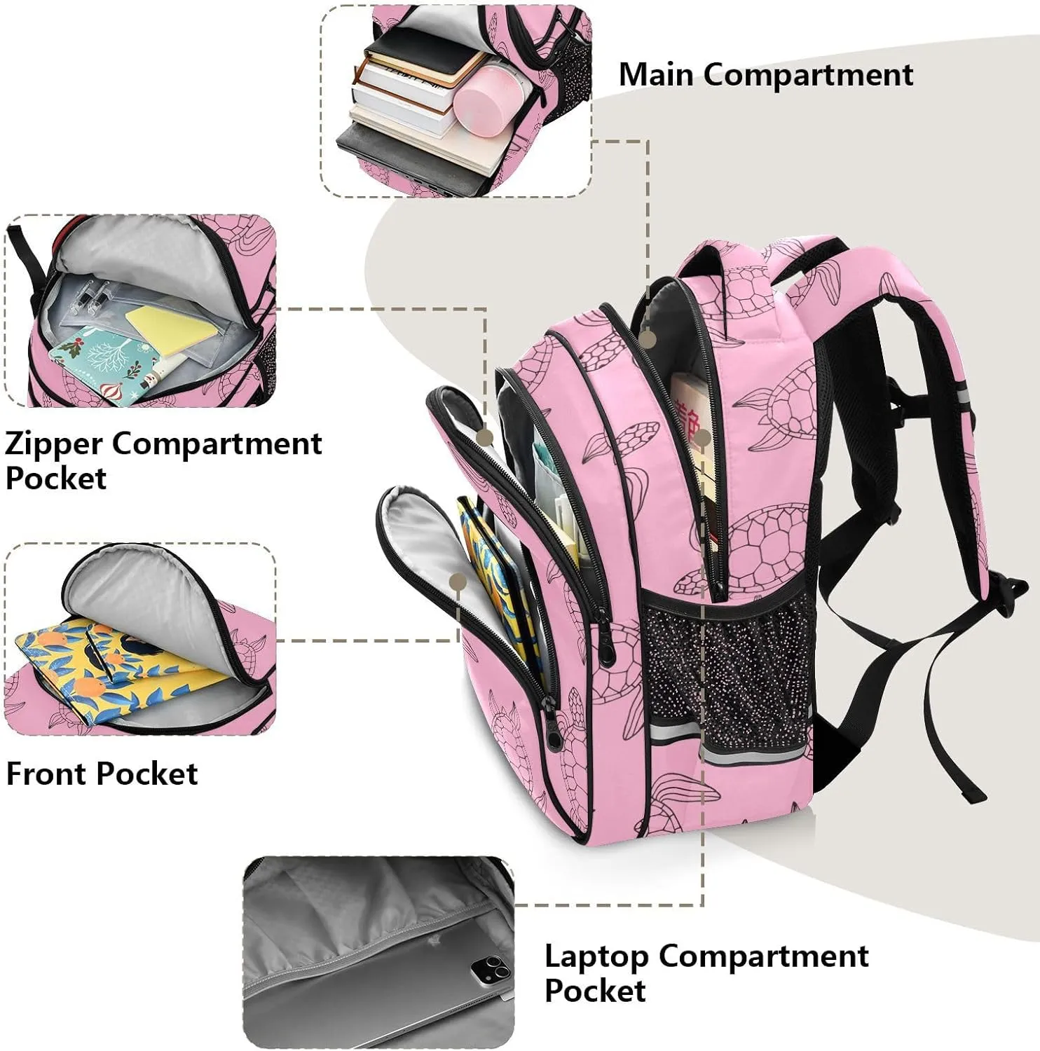 Pink Turtles Backpack Bookbag School Bag with Pockets for Kids Girls Boys Toddler Toddlers Small Bookbags Schoolbag Travel Ages 3-14