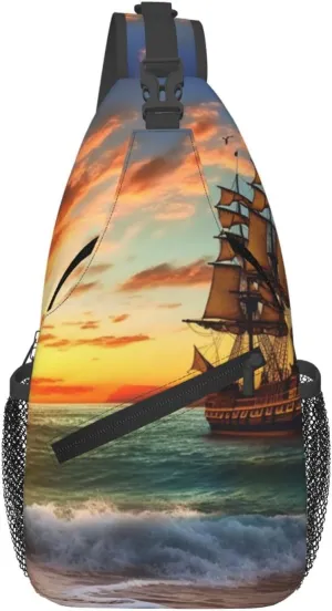 pirate ship in the sunset Crossbody Bags for Men Women Fashion Sling Backpack Casual Chest Bag Travel Hiking Daypack