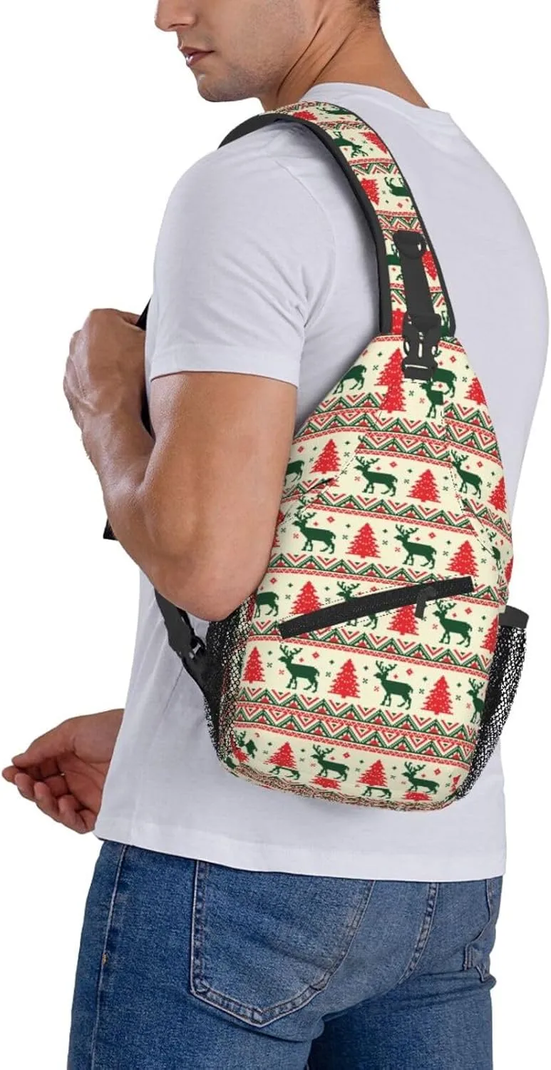 Pixel Christmas Tree Reindeer Cross Chest Bag Diagonally Hiking Crossbody Bag Travel Shoulder Daypack Lightweight Sling Backpack Cycling Daypacks Fitness Chest Backpacks