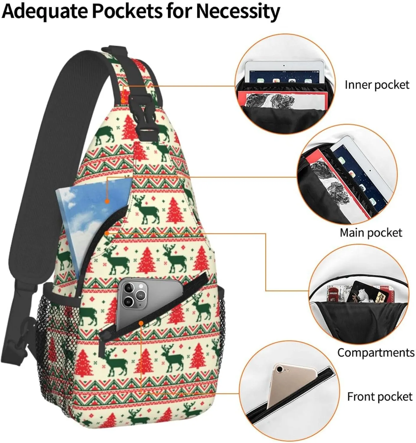 Pixel Christmas Tree Reindeer Cross Chest Bag Diagonally Hiking Crossbody Bag Travel Shoulder Daypack Lightweight Sling Backpack Cycling Daypacks Fitness Chest Backpacks