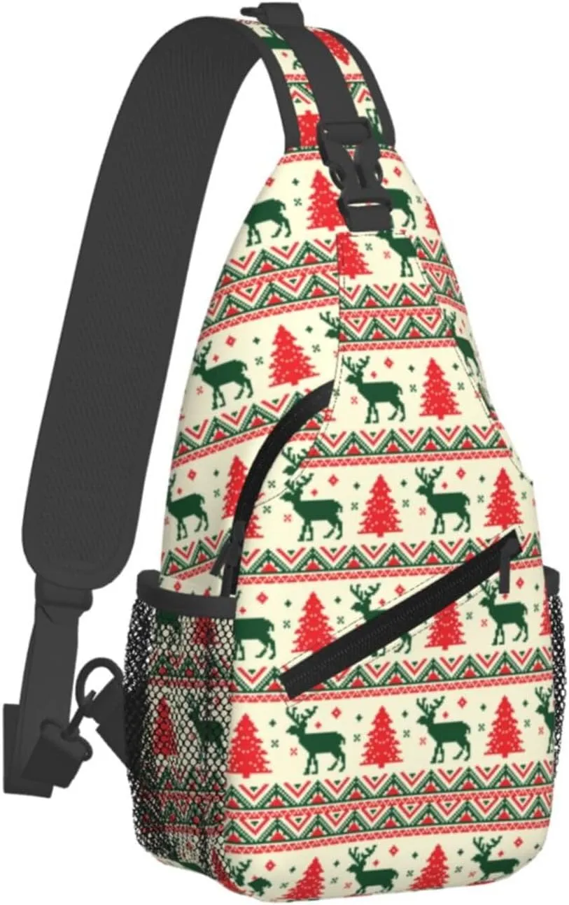 Pixel Christmas Tree Reindeer Cross Chest Bag Diagonally Hiking Crossbody Bag Travel Shoulder Daypack Lightweight Sling Backpack Cycling Daypacks Fitness Chest Backpacks