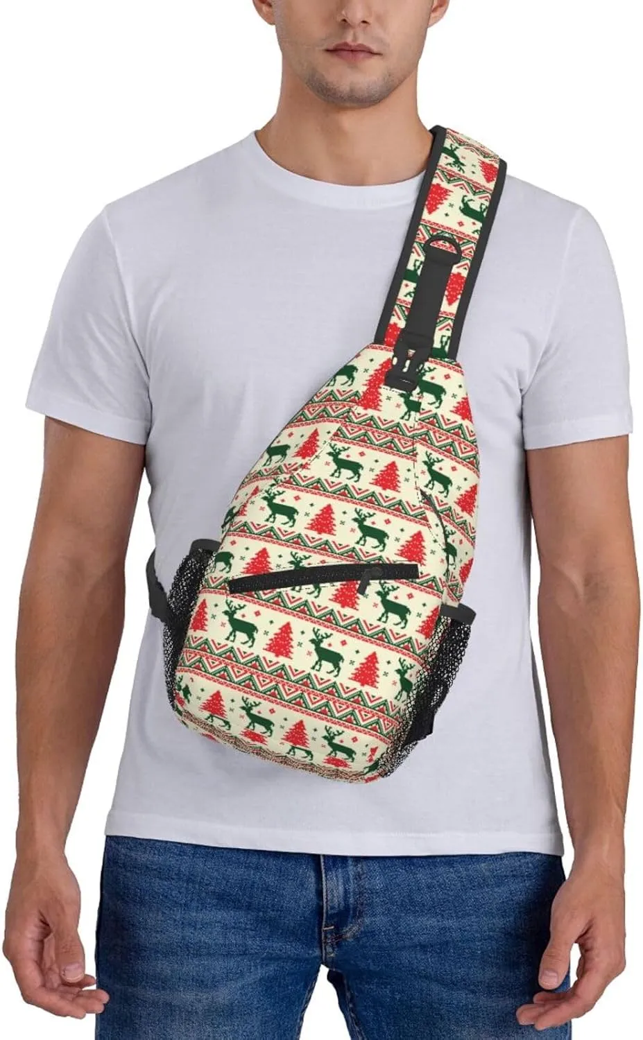 Pixel Christmas Tree Reindeer Cross Chest Bag Diagonally Hiking Crossbody Bag Travel Shoulder Daypack Lightweight Sling Backpack Cycling Daypacks Fitness Chest Backpacks