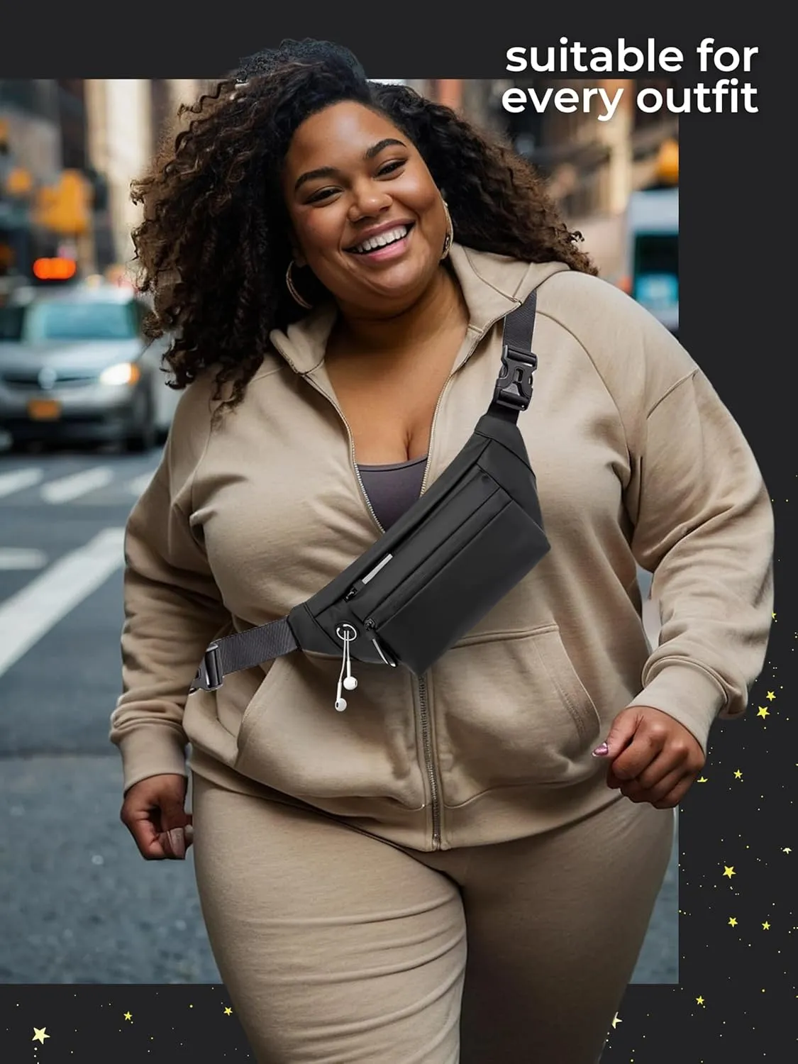 Plus Size - Belt Bag 2L - Extra Long Strap 66" - Extended Strap - Anti Pickpocket Waist Pack - Women Men Fanny Pack - Crossbody Bag w/Adjustable Strap - For Errands, Gym, Travel, Hiking (Black)