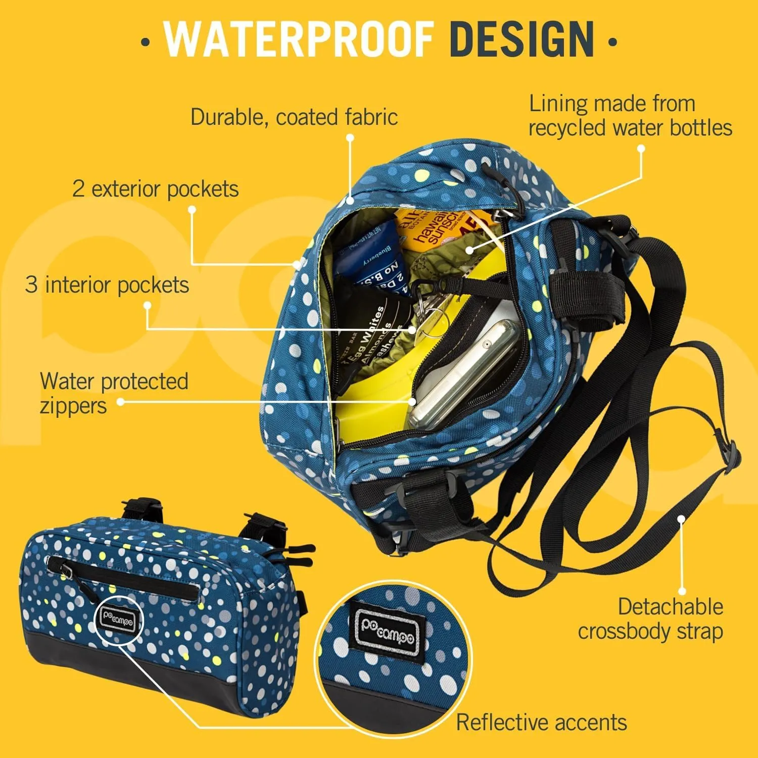 Po Campo Domino Handlebar Bag Large Waterproof Bicycle Storage Bag Front Mount that converts to Crossbody (Black Ripstop)