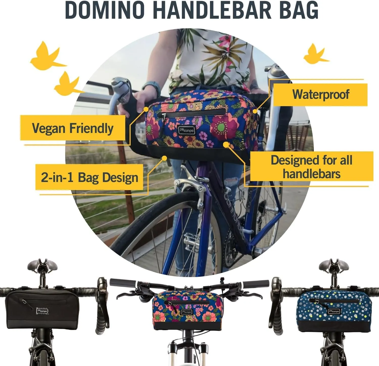 Po Campo Domino Handlebar Bag Large Waterproof Bicycle Storage Bag Front Mount that converts to Crossbody (Black Ripstop)