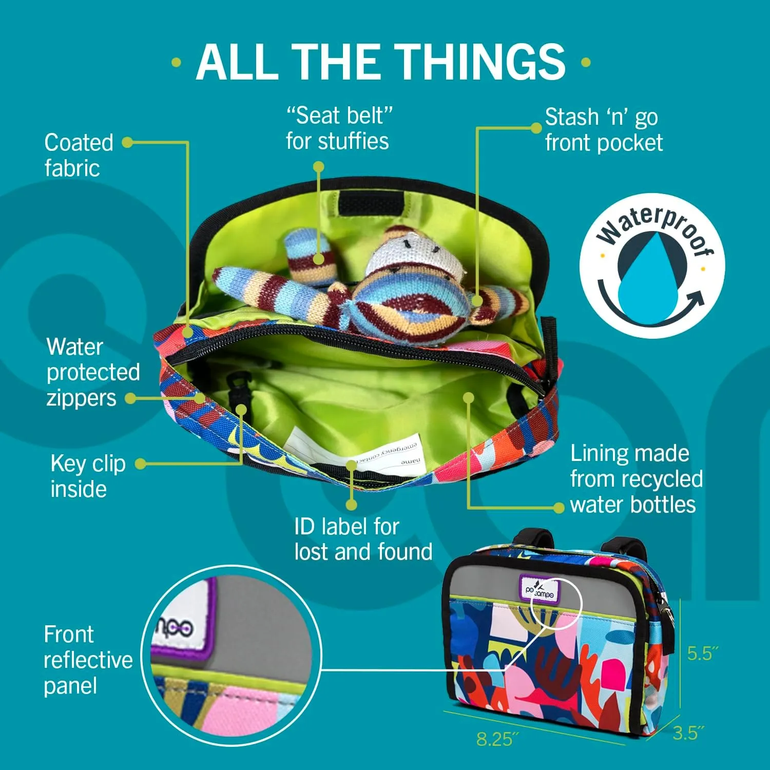 Po Campo Kids Bicycle Bag - Speedy Front Frame Bike Handlebar Bag Fabric Bike Basket Waterproof Front Mount Bike Bag for Boys Girls Bike or Scooter Handle Bars Converts to Crossbody Bag