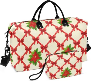 Poinsettias Bow Lattice Beige Sports Gym Bag for Women Men Travel Duffel Bag Weekend Overnight Carry on Bag with Toiletry Bag Training Handbag for Swimming Yoga Workout Hospital Plane