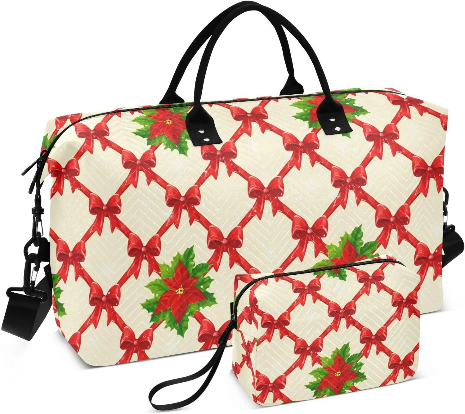 Poinsettias Bow Lattice Beige Sports Gym Bag for Women Men Travel Duffel Bag Weekend Overnight Carry on Bag with Toiletry Bag Training Handbag for Swimming Yoga Workout Hospital Plane