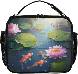 Pond Flowers Green Kids Lunch Box Leakproof Insulated Lunch Tote Dual Handles Soft Bag for Travel Picnic