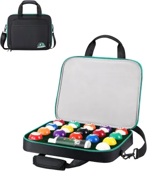 Pool Ball Case, Padded Billiard Carrying Bag Travel Storage Box with Carry Handle and Shoulder Strap, Holder for One Set of 17 Billiards Balls 2-1/4'' and Accessories, Black (Bag Only)