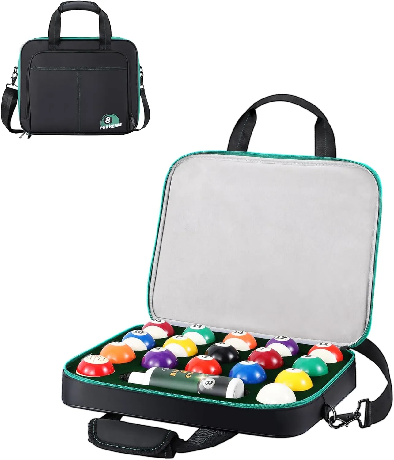 Pool Ball Case, Padded Billiard Carrying Bag Travel Storage Box with Carry Handle and Shoulder Strap, Holder for One Set of 17 Billiards Balls 2-1/4'' and Accessories, Black (Bag Only)