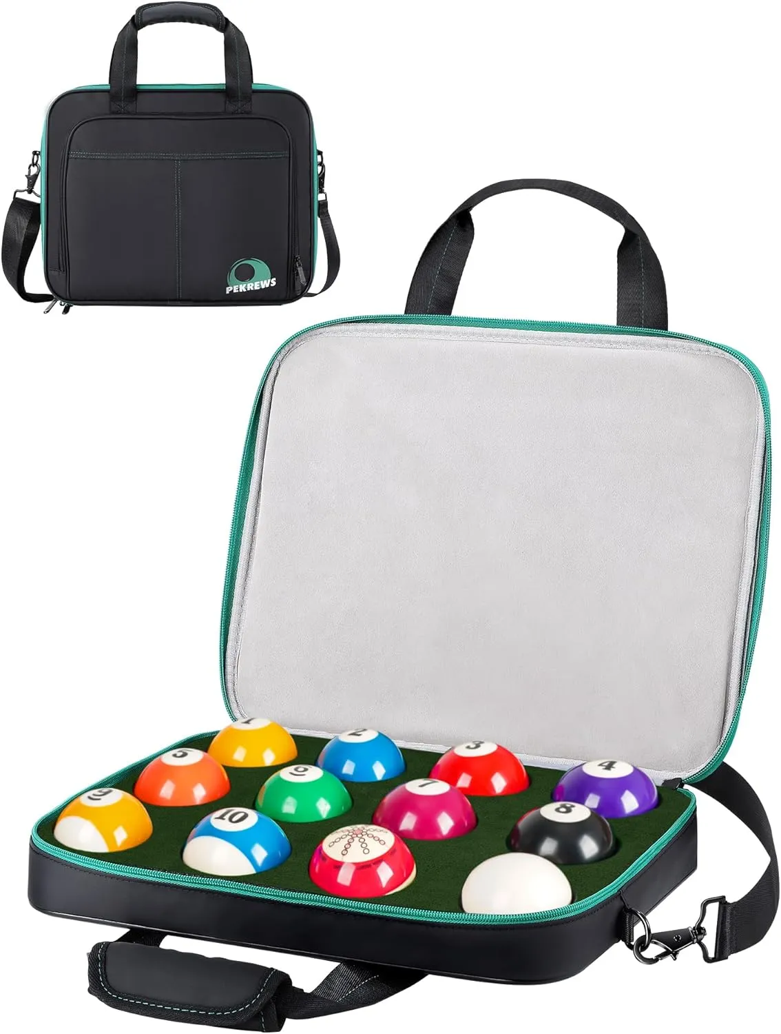 Pool Ball Case, Padded Billiard Carrying Bag Travel Storage Box with Carry Handle and Shoulder Strap, Pool Ball Bag Holder for 12 Billiards Balls 2-1/4'' and Accessories, Black (Bag Only)