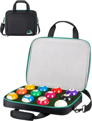Pool Ball Case, Padded Billiard Carrying Bag Travel Storage Box with Carry Handle and Shoulder Strap, Pool Ball Bag Holder for 12 Billiards Balls 2-1/4'' and Accessories, Black (Bag Only)