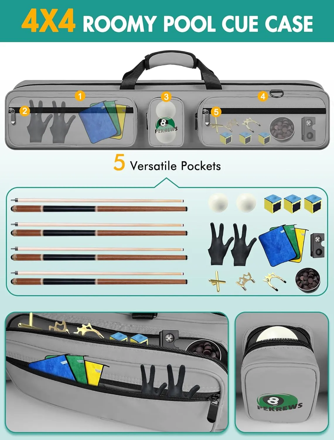 Pool Cue Case, Pool Stick Case 4x5 with Multiple Pockets Holds 4 Butts 5 Shafts, Soft Padded Sturdy Pool Cue Bag, Billiard Cue Backpack with Adjustable Shoulder Straps for Men and Women