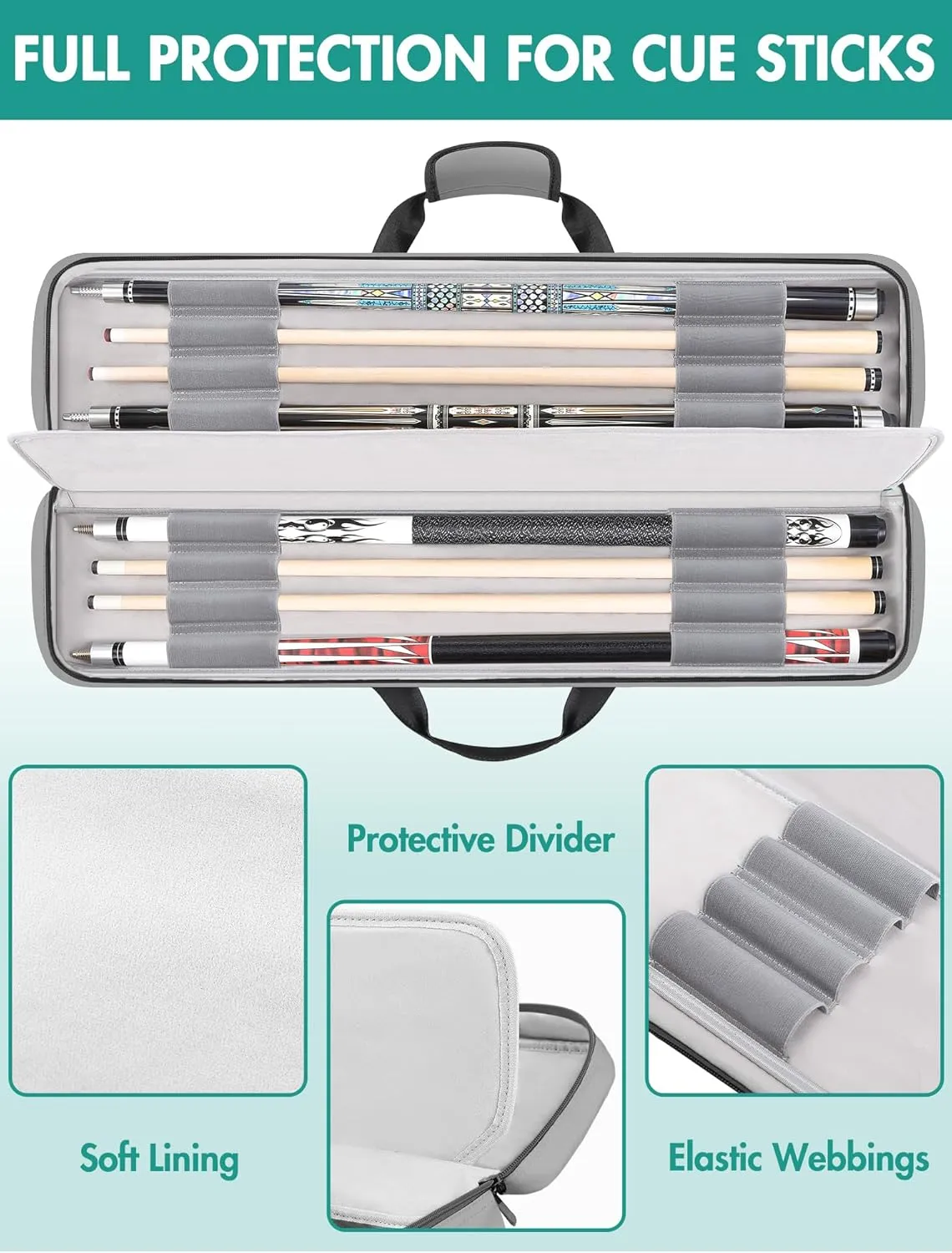 Pool Cue Case, Pool Stick Case 4x5 with Multiple Pockets Holds 4 Butts 5 Shafts, Soft Padded Sturdy Pool Cue Bag, Billiard Cue Backpack with Adjustable Shoulder Straps for Men and Women