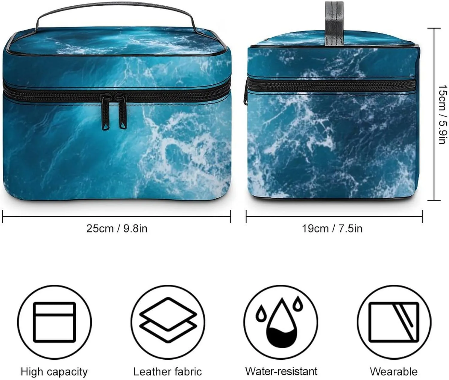 Portable Makeup Bag with Zipper Pouch, Ocean Beach Theme Sea Waves Cosmetic Case Large Capacity Travel Makeup Case Organizer Toiletry Brushes Storage Bag