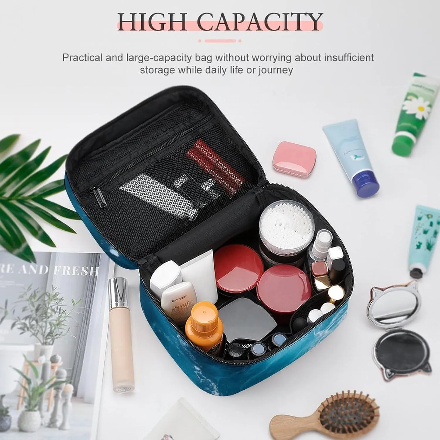 Portable Makeup Bag with Zipper Pouch, Ocean Beach Theme Sea Waves Cosmetic Case Large Capacity Travel Makeup Case Organizer Toiletry Brushes Storage Bag