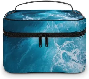 Portable Makeup Bag with Zipper Pouch, Ocean Beach Theme Sea Waves Cosmetic Case Large Capacity Travel Makeup Case Organizer Toiletry Brushes Storage Bag