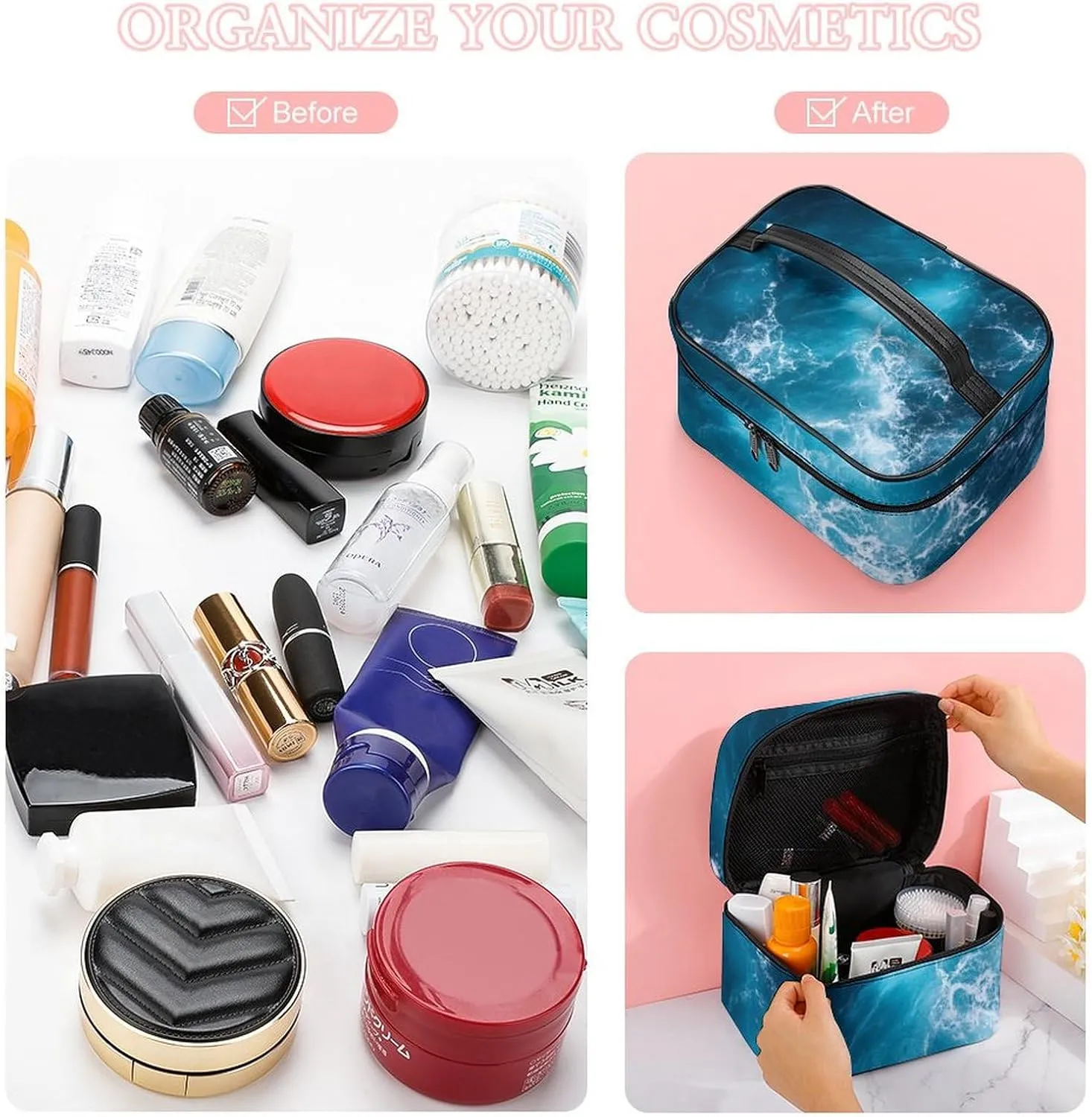 Portable Makeup Bag with Zipper Pouch, Ocean Beach Theme Sea Waves Cosmetic Case Large Capacity Travel Makeup Case Organizer Toiletry Brushes Storage Bag