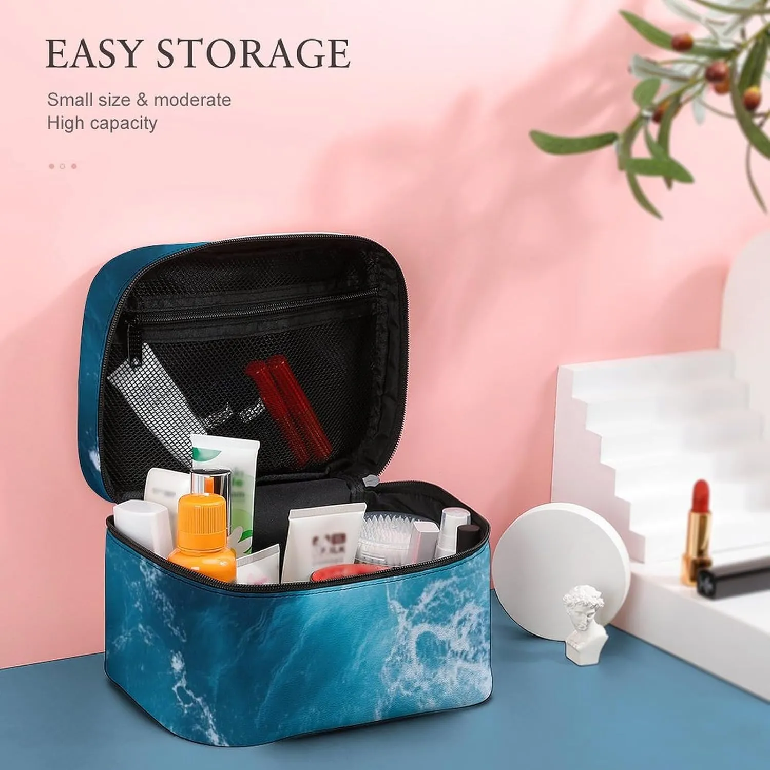 Portable Makeup Bag with Zipper Pouch, Ocean Beach Theme Sea Waves Cosmetic Case Large Capacity Travel Makeup Case Organizer Toiletry Brushes Storage Bag