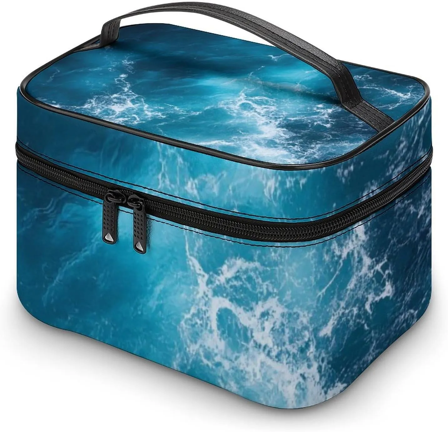 Portable Makeup Bag with Zipper Pouch, Ocean Beach Theme Sea Waves Cosmetic Case Large Capacity Travel Makeup Case Organizer Toiletry Brushes Storage Bag