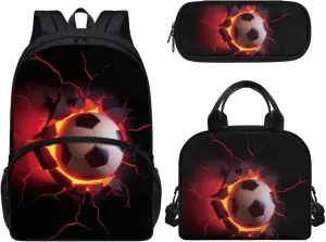 Portable School Backpack Soccer Balls Kids Bookbag Set with Food Handbags Case & Pencil Case Elementary Preschool Kindergarten Supplies for Boys Girls