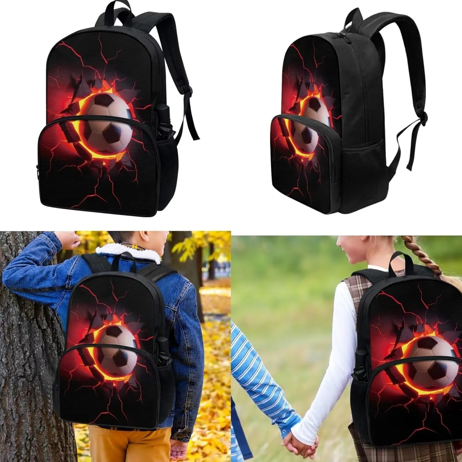 Portable School Backpack Soccer Balls Kids Bookbag Set with Food Handbags Case & Pencil Case Elementary Preschool Kindergarten Supplies for Boys Girls