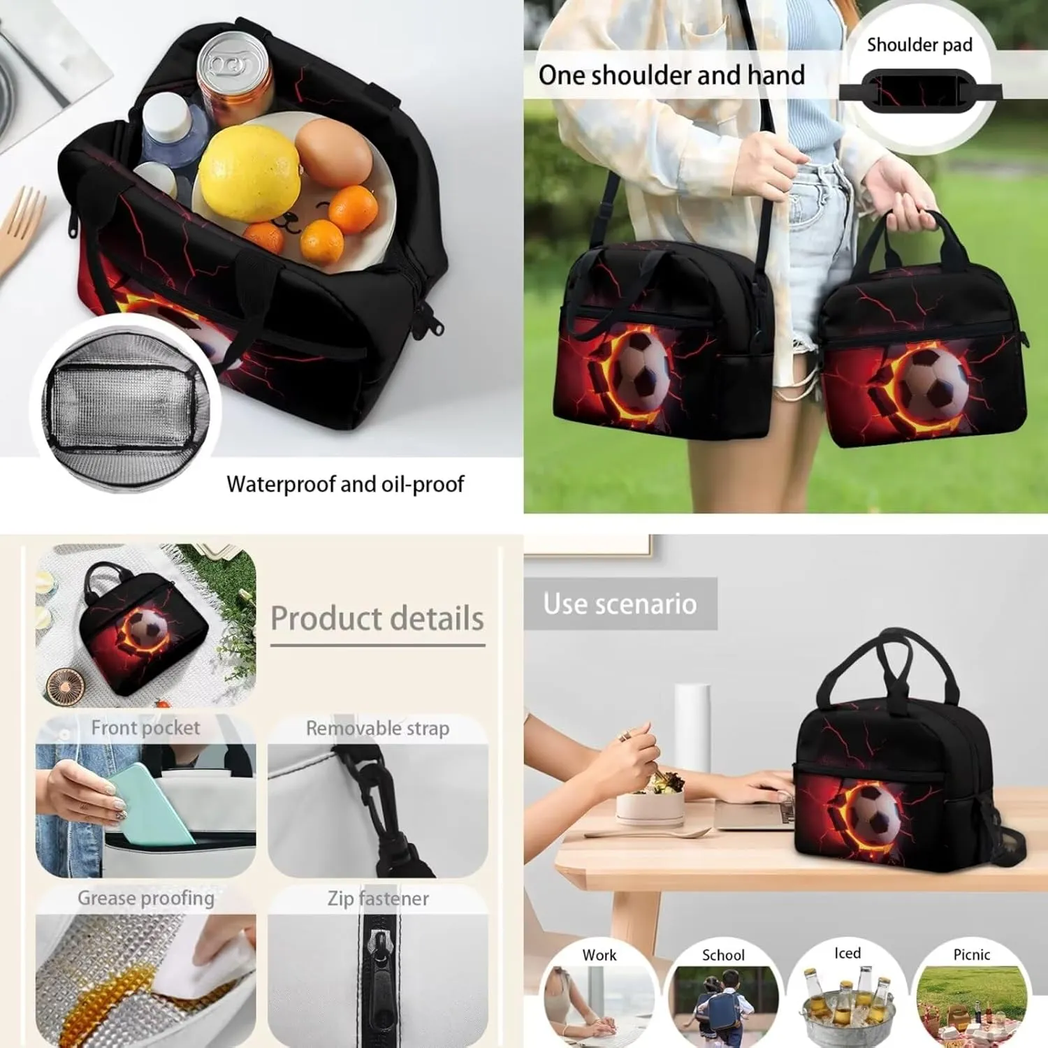 Portable School Backpack Soccer Balls Kids Bookbag Set with Food Handbags Case & Pencil Case Elementary Preschool Kindergarten Supplies for Boys Girls