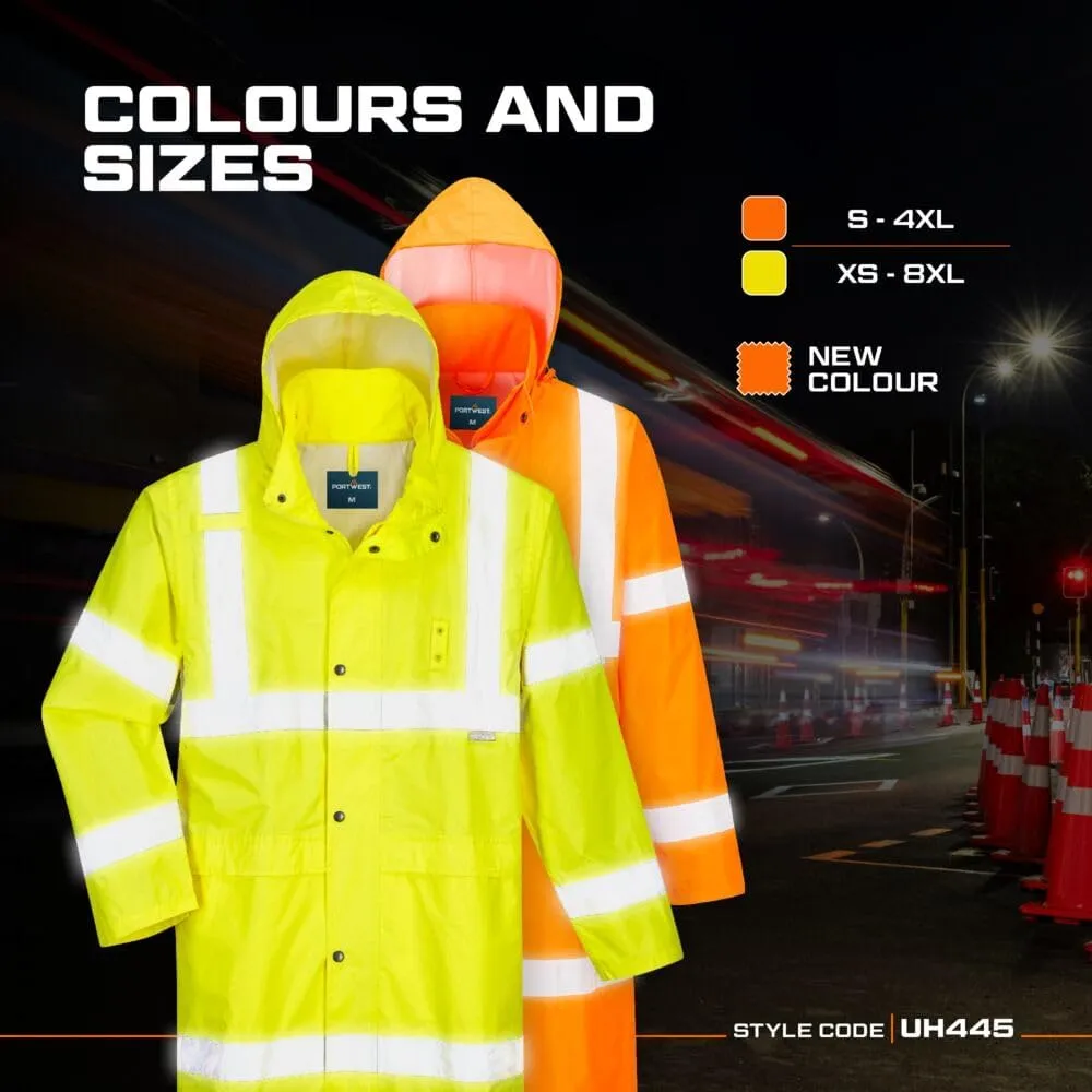 Portwest UH445 Men's Classic Raincoat Waterproof Hi Vis Reflective Long Rain Jacket ANSI Class 3 Yellow
