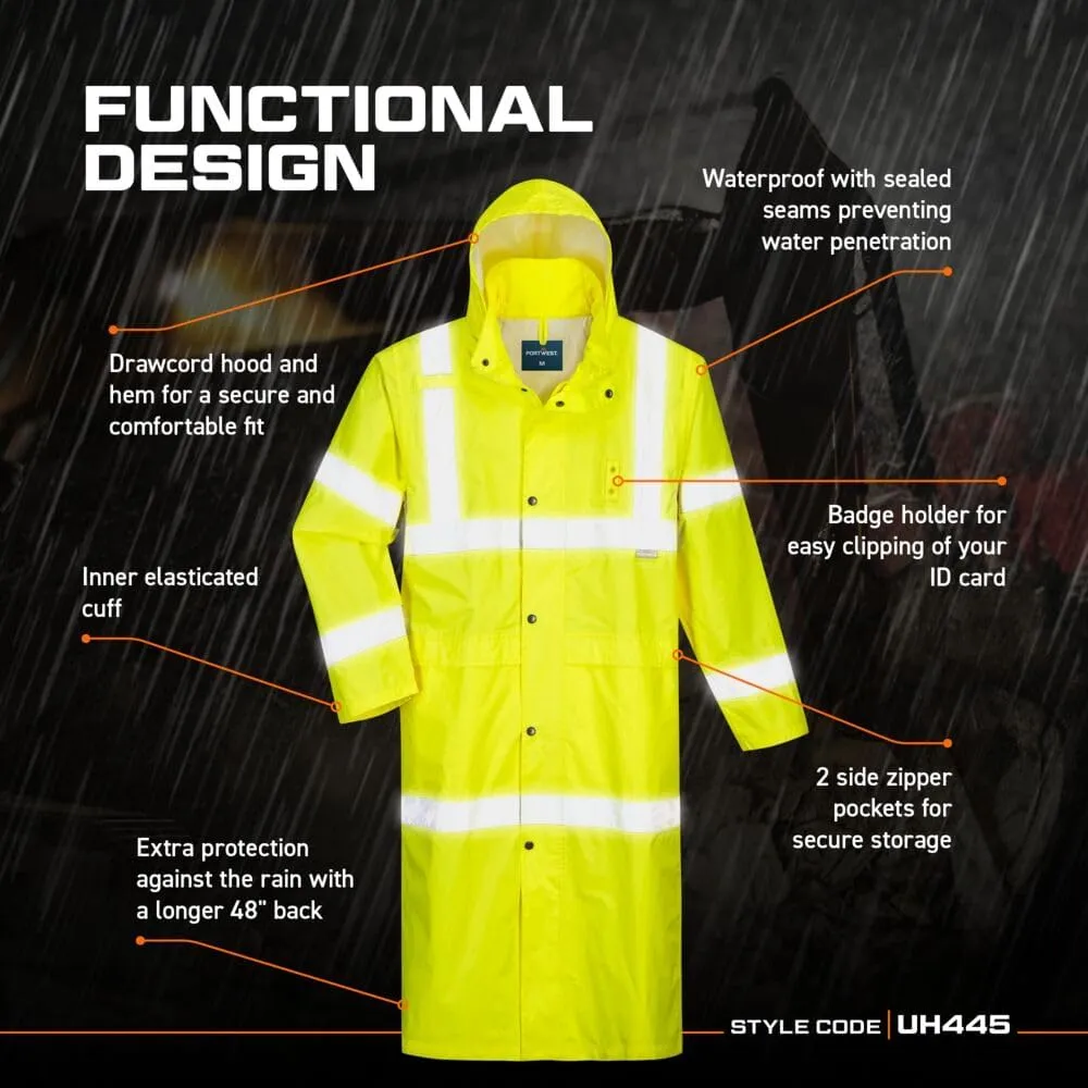 Portwest UH445 Men's Classic Raincoat Waterproof Hi Vis Reflective Long Rain Jacket ANSI Class 3 Yellow