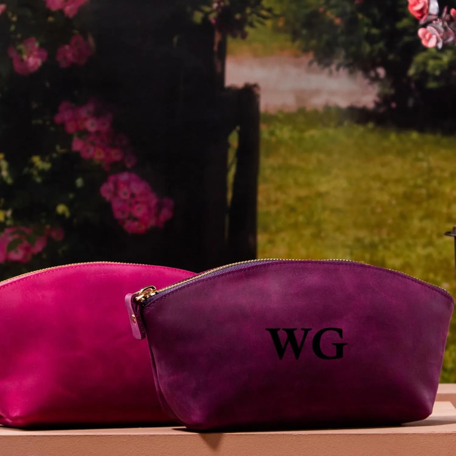 Premium Personalized Genuine Leather Cosmetic Makeup Bag - Wedding Gift for Bridesmaid, Travel Organizer Clutch for Women with Zipper Pouch for Toiletry Essentials (Purple)