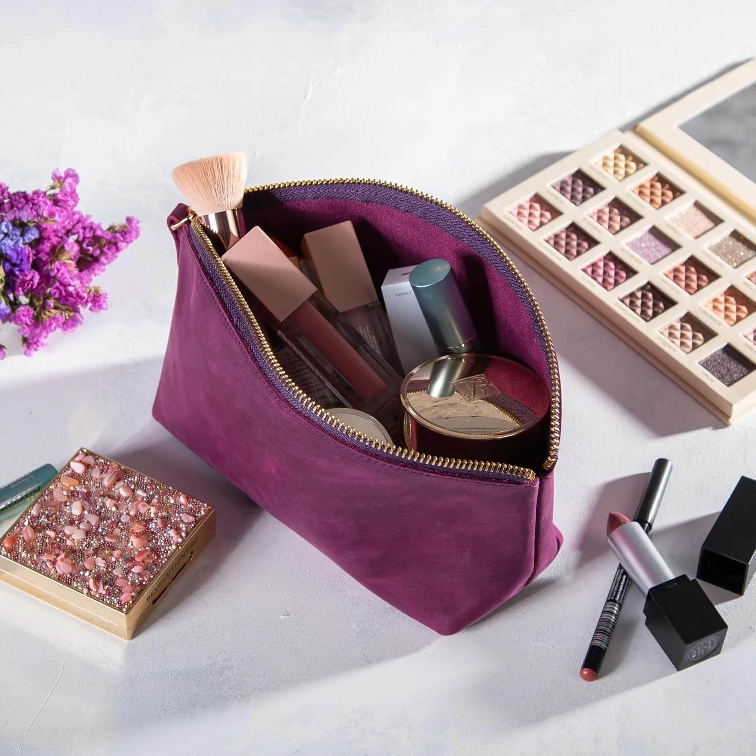 Premium Personalized Genuine Leather Cosmetic Makeup Bag - Wedding Gift for Bridesmaid, Travel Organizer Clutch for Women with Zipper Pouch for Toiletry Essentials (Purple)