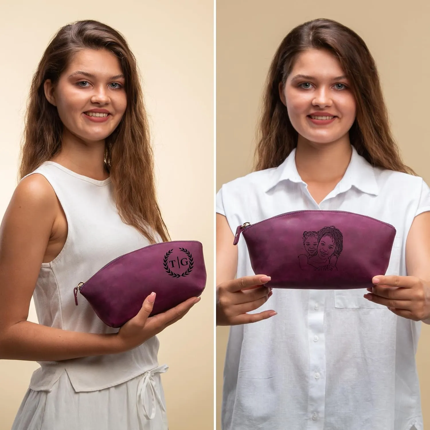 Premium Personalized Genuine Leather Cosmetic Makeup Bag - Wedding Gift for Bridesmaid, Travel Organizer Clutch for Women with Zipper Pouch for Toiletry Essentials (Purple)