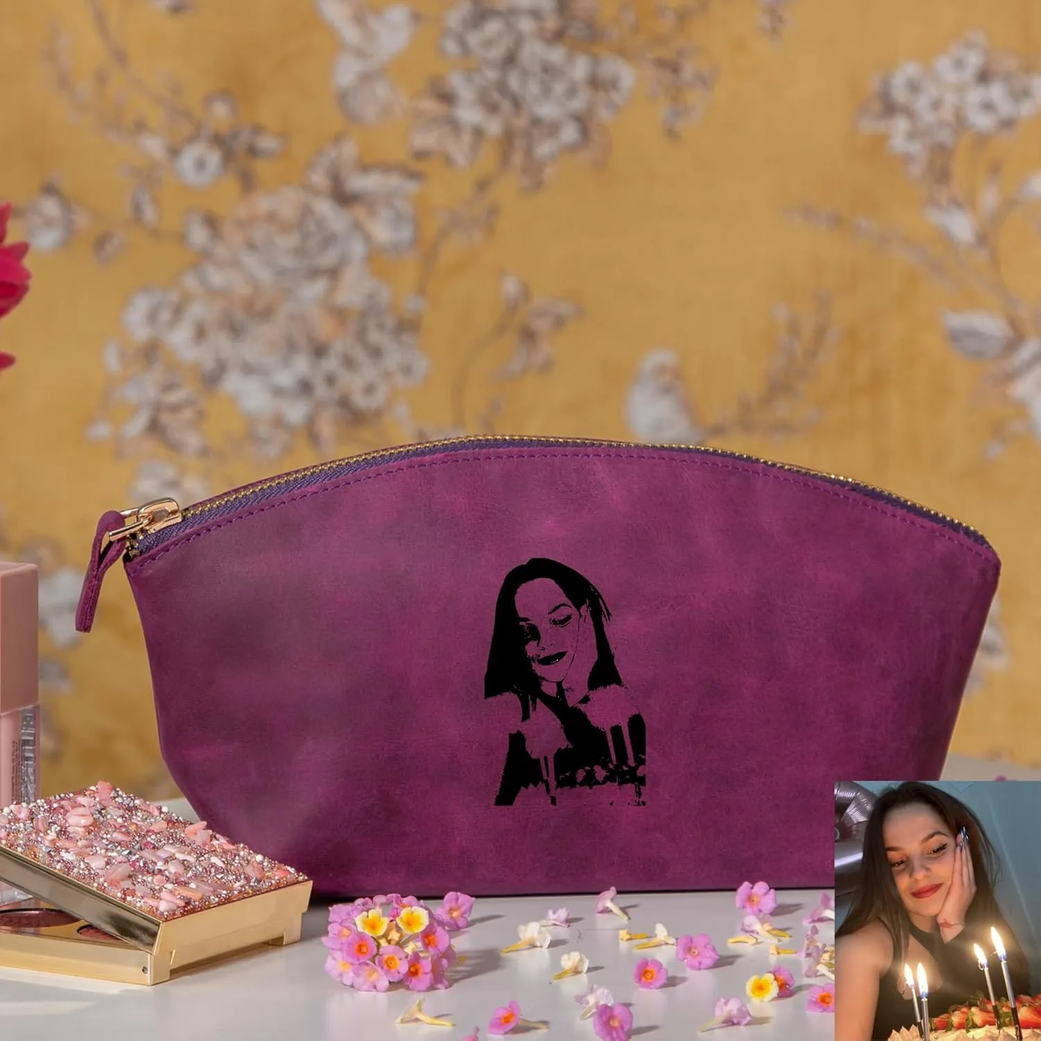 Premium Personalized Genuine Leather Cosmetic Makeup Bag - Wedding Gift for Bridesmaid, Travel Organizer Clutch for Women with Zipper Pouch for Toiletry Essentials (Purple)