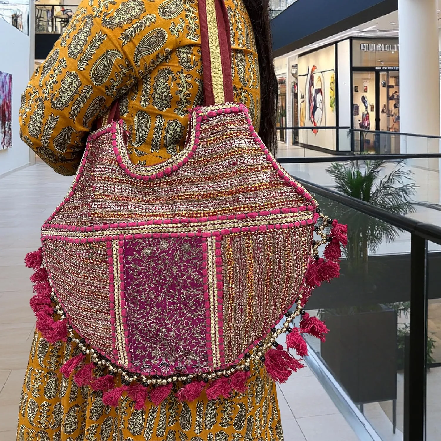 Premium Shoulder Bag for Women | 100% Handmade Embroidered Tote | Bohemian Kambhari Patchwork Purse Handbag