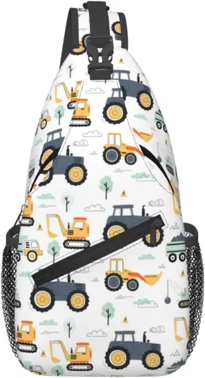 Printed Construction Tractors Bulldozer Excavator Cartoon Sling Bag Crossbody Backpack For Men Women, Fashionable Adjustable Strap Daypack Travel Shoulder Bag For Outdoor Activities, Gym, And Travel