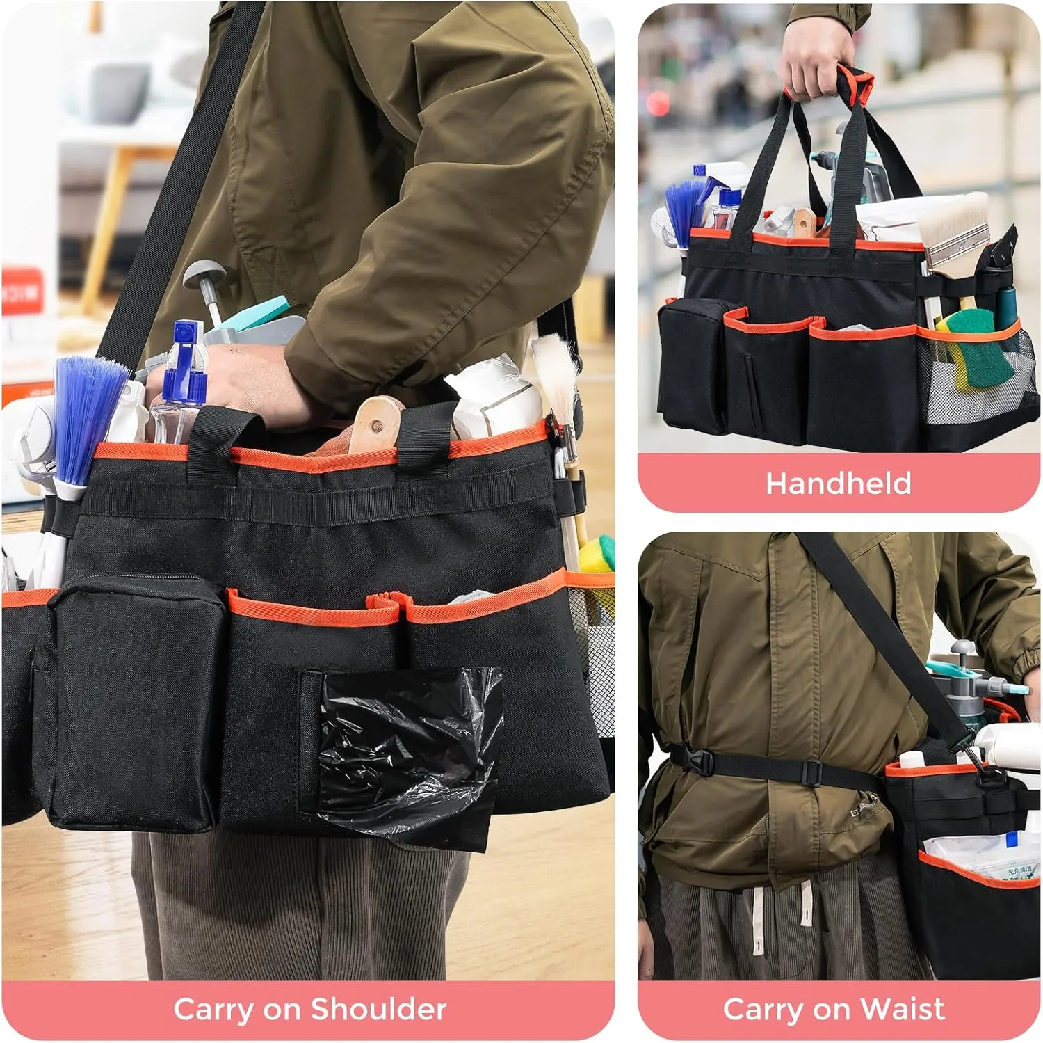 ProCase Cleaning Caddy Bag for Housekeepers, Foldable Cleaning Supply Bag with 5 Compartments, Wearable Cleaning Detailing Bag Organizer Tote Bag with Handles and Shoulder Strap -Orange