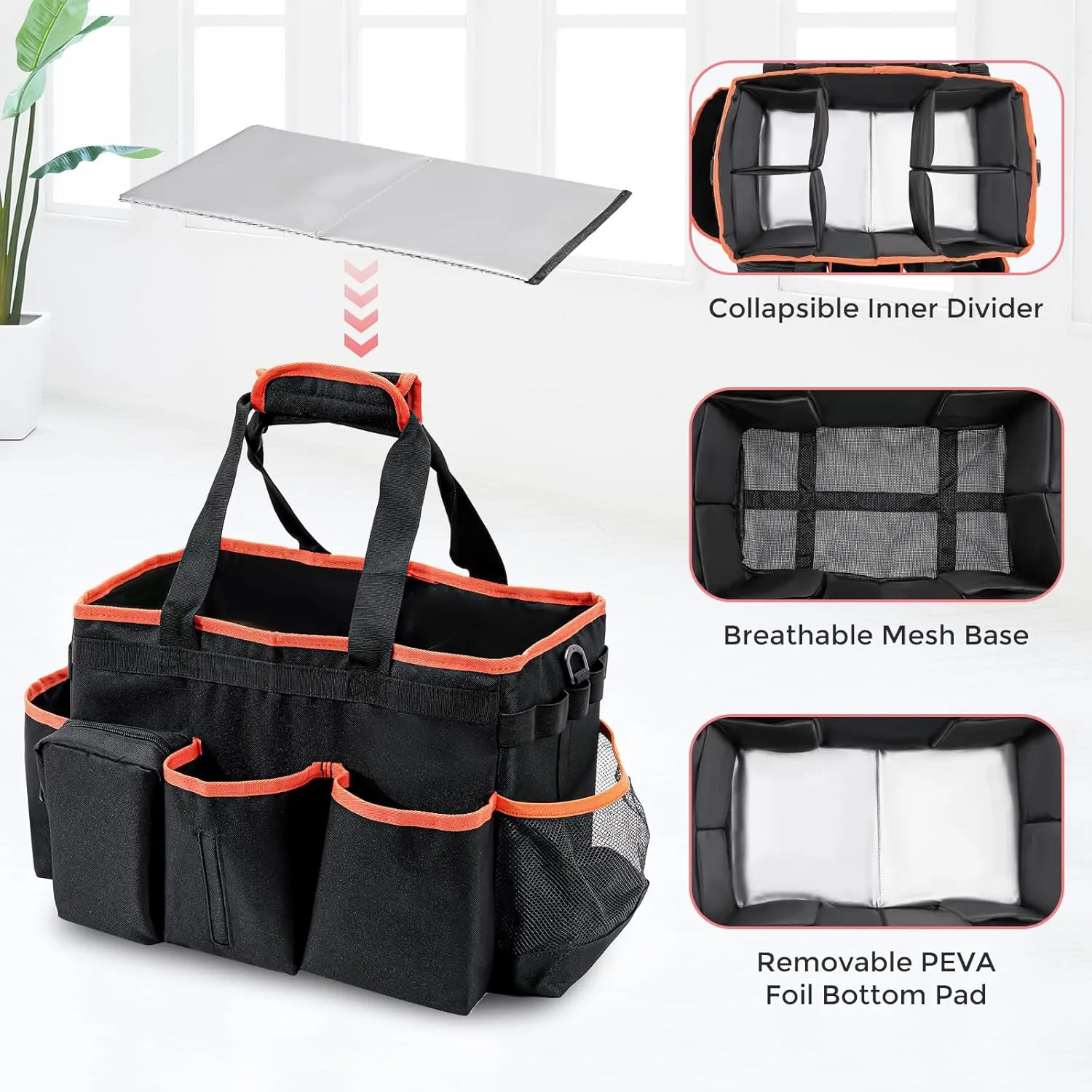 ProCase Cleaning Caddy Bag for Housekeepers, Foldable Cleaning Supply Bag with 5 Compartments, Wearable Cleaning Detailing Bag Organizer Tote Bag with Handles and Shoulder Strap -Orange