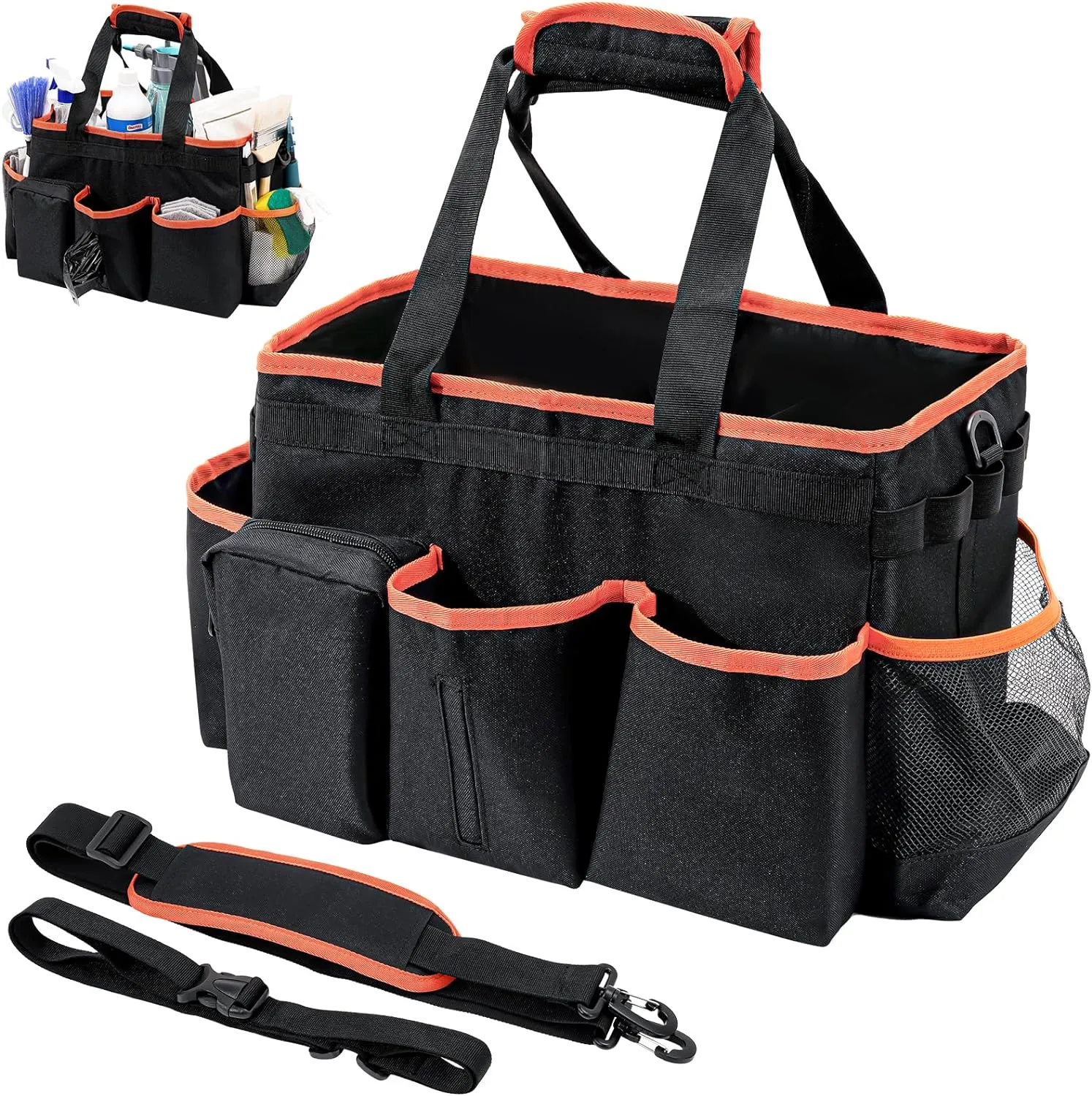 ProCase Cleaning Caddy Bag for Housekeepers, Foldable Cleaning Supply Bag with 5 Compartments, Wearable Cleaning Detailing Bag Organizer Tote Bag with Handles and Shoulder Strap -Orange