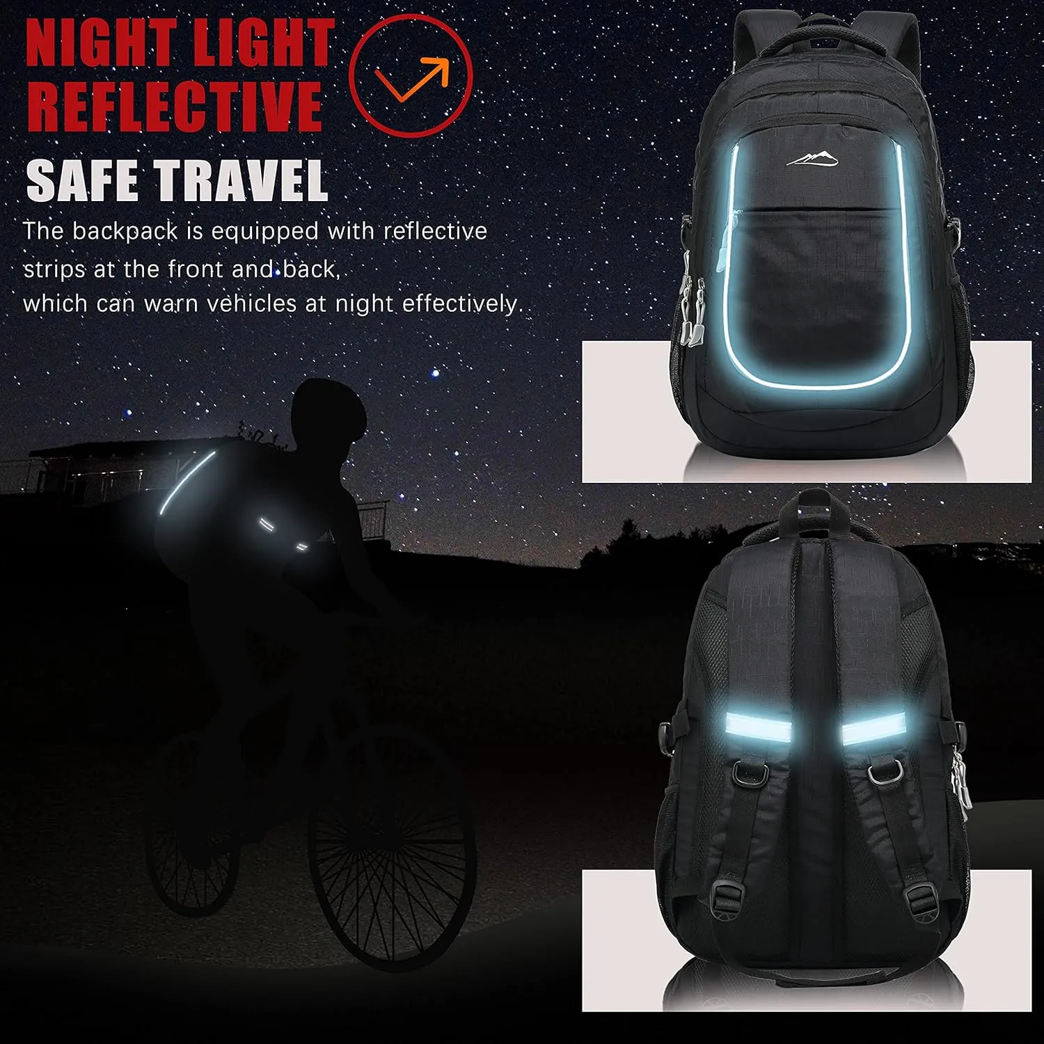 ProEtrade Backpack Bookbag for College Sturdy Travel Business Hiking Fit Laptop Up to 15.6 Inch Multi Compartment Gifts for Men Women Night Light Reflective (Black)