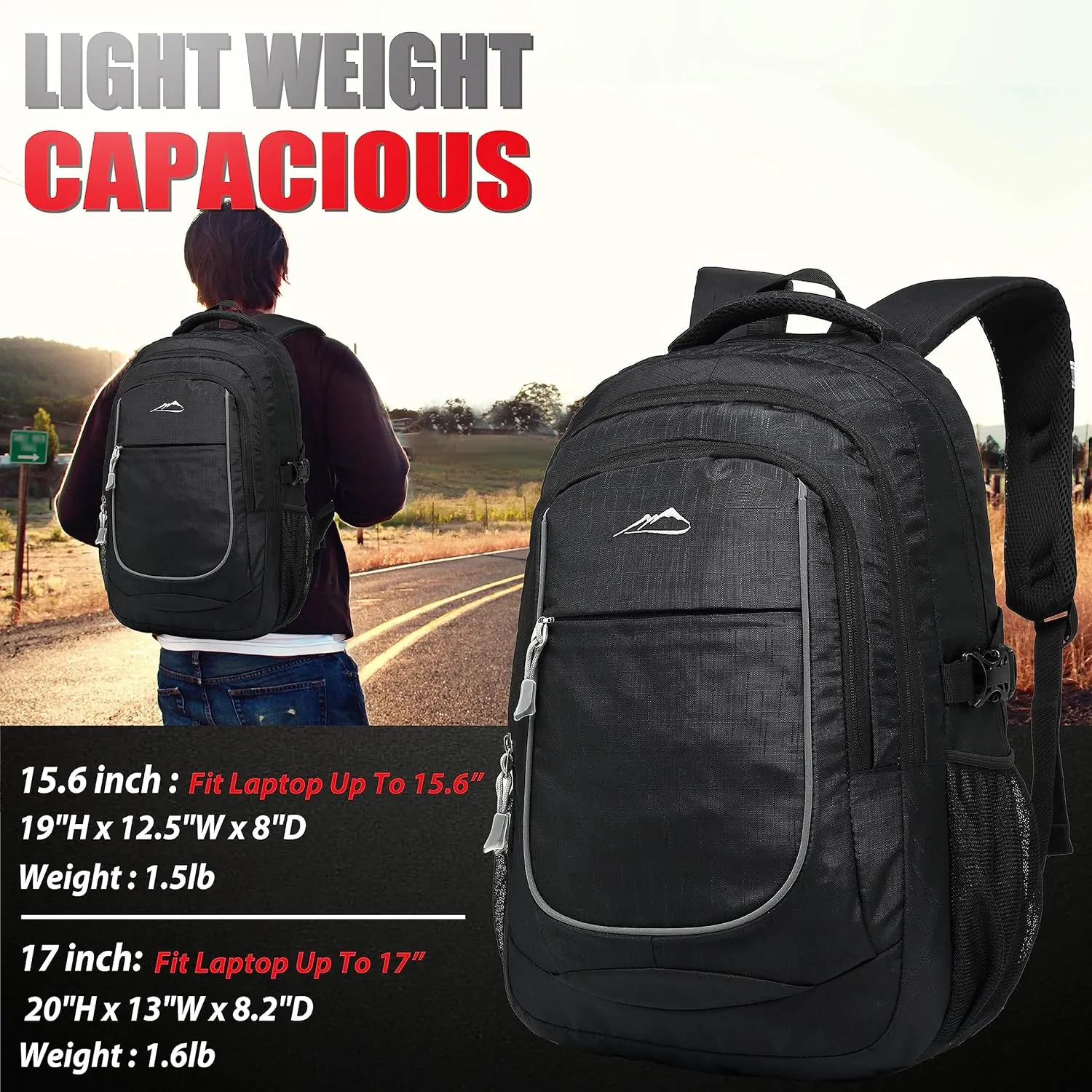 ProEtrade Backpack Bookbag for College Sturdy Travel Business Hiking Fit Laptop Up to 15.6 Inch Multi Compartment Gifts for Men Women Night Light Reflective (Black)