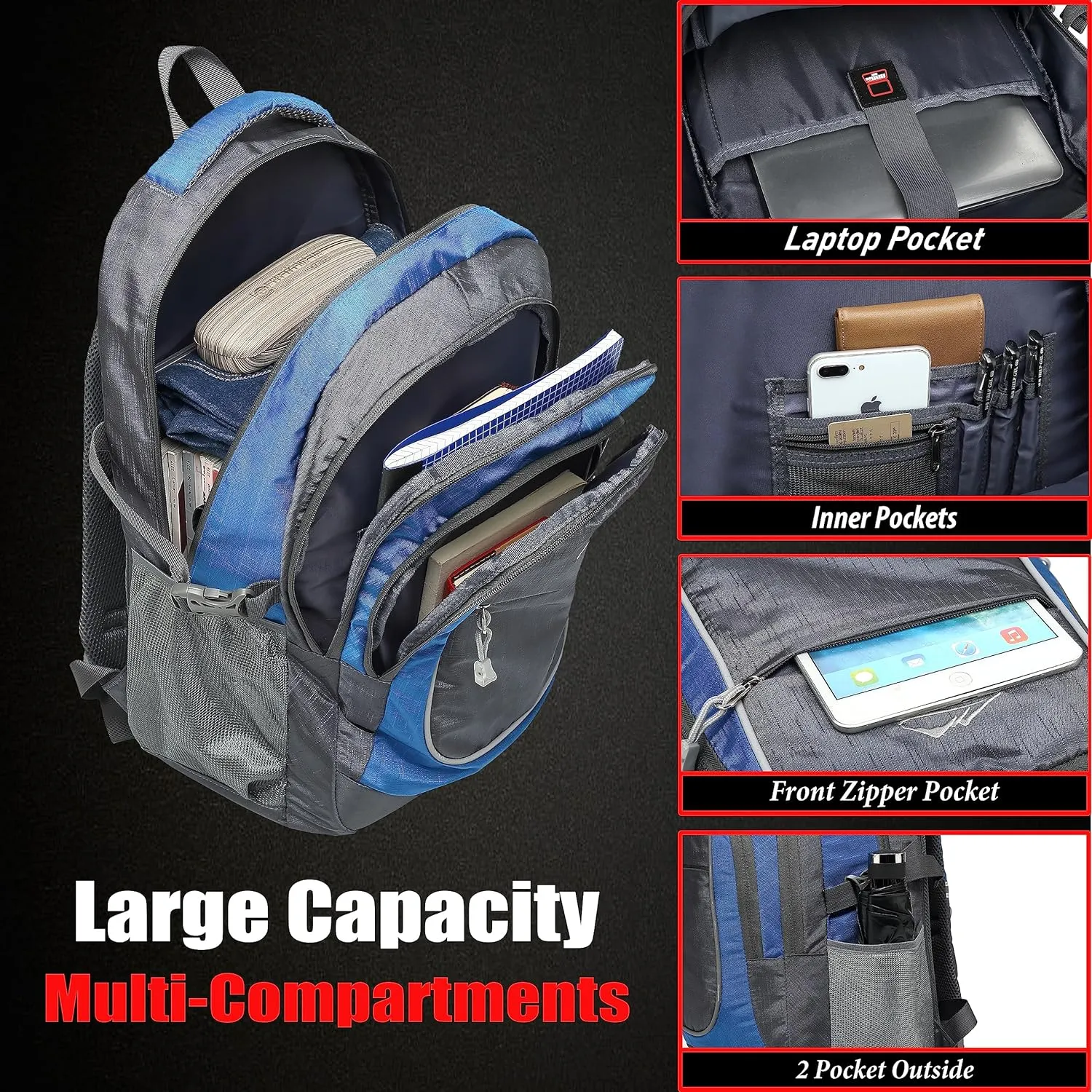 ProEtrade Backpack Bookbag for College Sturdy Travel Business Hiking Fit Laptop Up to 15.6 Inch Multi Compartment Gifts for Men Women Night Light Reflective (Blue)