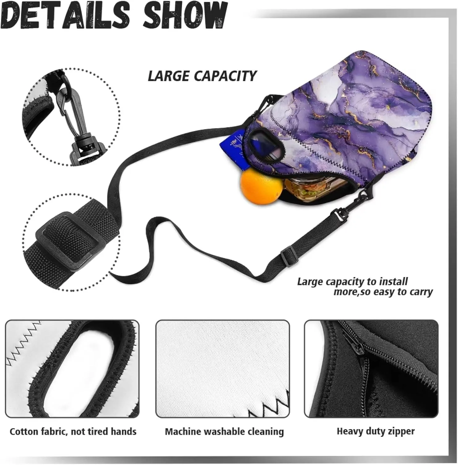 Purple Marble Lunch Bag Neoprene Lunch Box for Women Men Sling Bag Crossbody Lunch Bags with Shoulder Strap Trendy Lunch Tote Bag