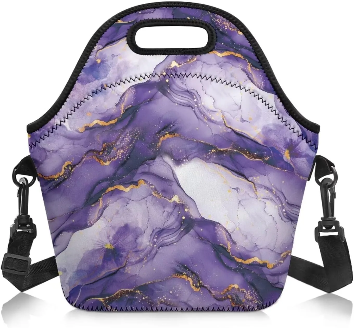 Purple Marble Lunch Bag Neoprene Lunch Box for Women Men Sling Bag Crossbody Lunch Bags with Shoulder Strap Trendy Lunch Tote Bag