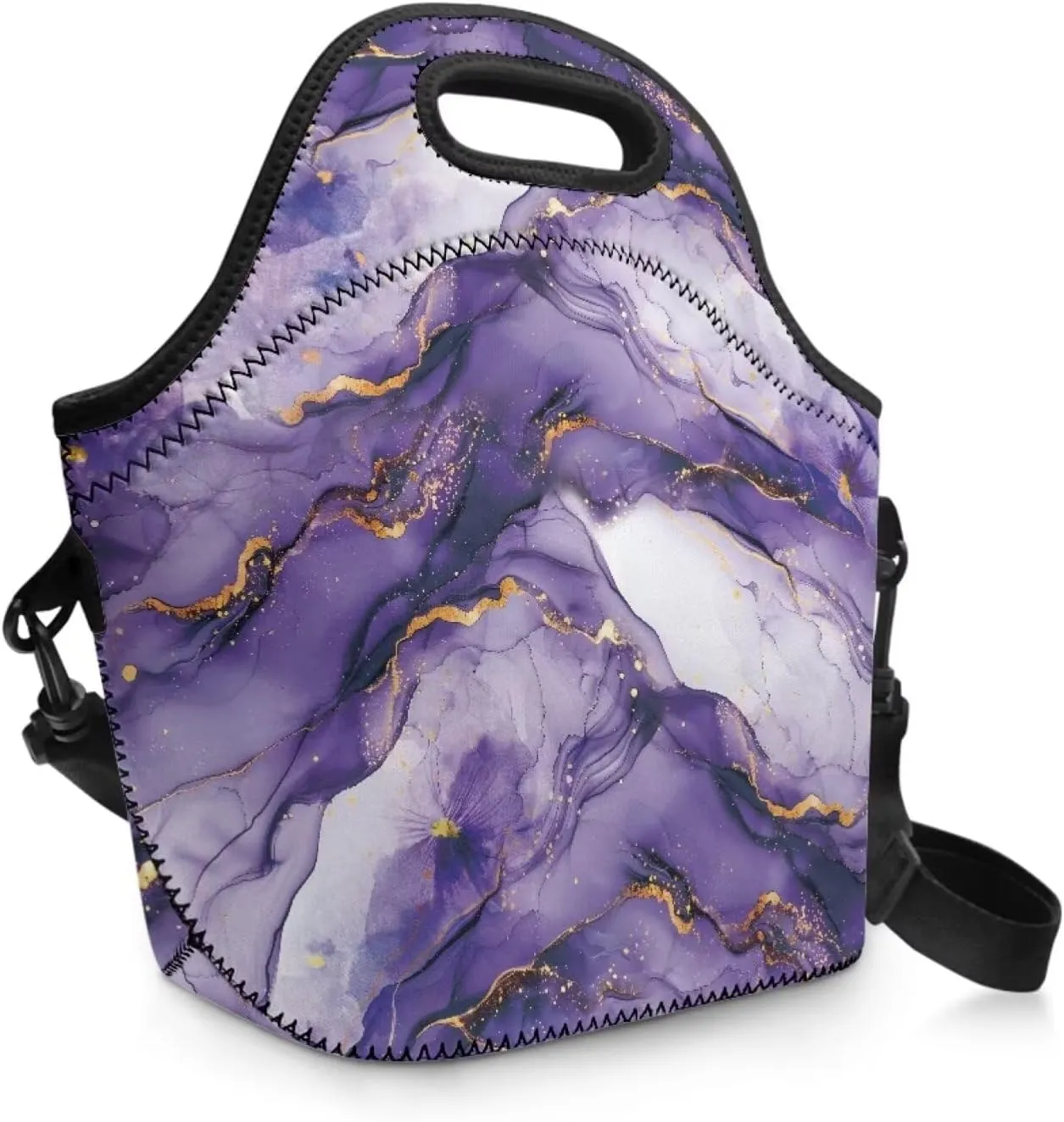 Purple Marble Lunch Bag Neoprene Lunch Box for Women Men Sling Bag Crossbody Lunch Bags with Shoulder Strap Trendy Lunch Tote Bag