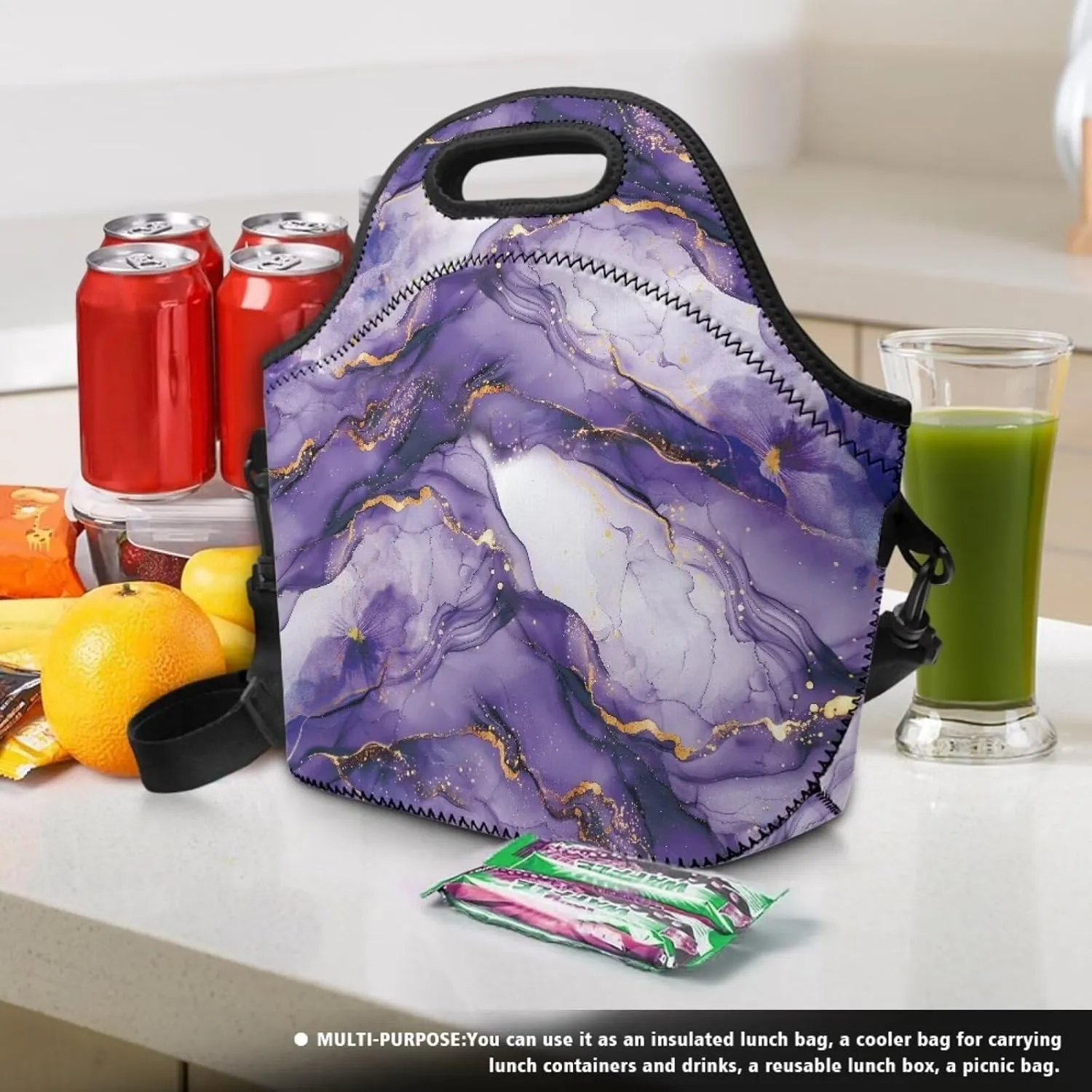 Purple Marble Lunch Bag Neoprene Lunch Box for Women Men Sling Bag Crossbody Lunch Bags with Shoulder Strap Trendy Lunch Tote Bag