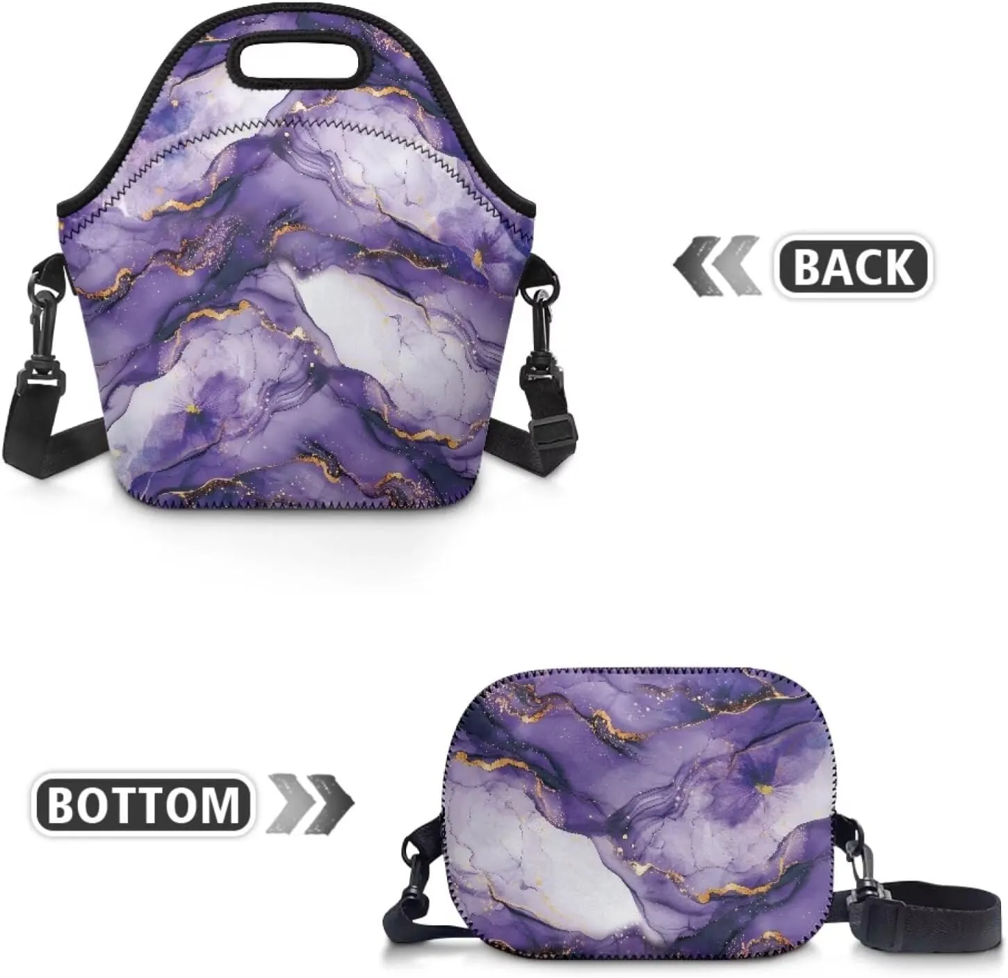 Purple Marble Lunch Bag Neoprene Lunch Box for Women Men Sling Bag Crossbody Lunch Bags with Shoulder Strap Trendy Lunch Tote Bag
