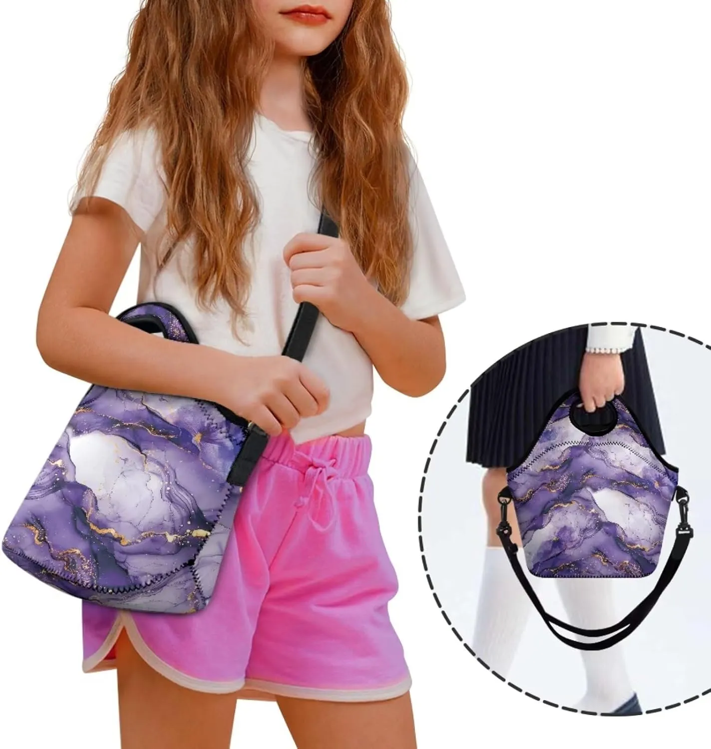 Purple Marble Lunch Bag Neoprene Lunch Box for Women Men Sling Bag Crossbody Lunch Bags with Shoulder Strap Trendy Lunch Tote Bag